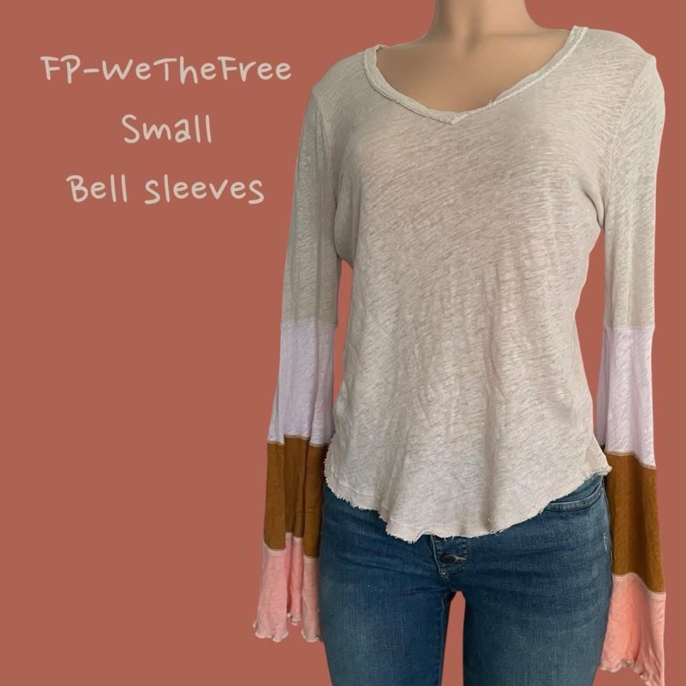 We The Free Women's Cream and Brown Bell Sleeve Top